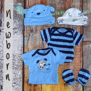 Set of blue onesies with hats and mittens